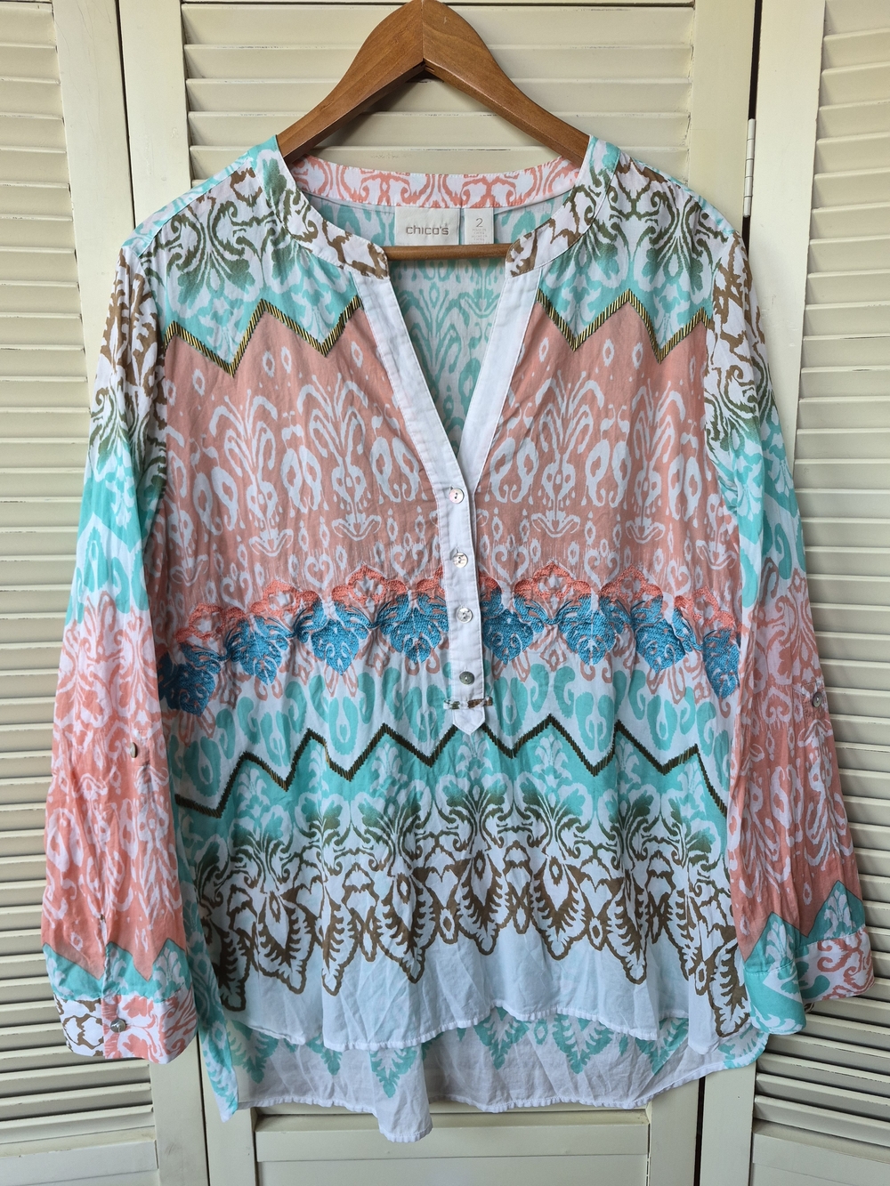 Chico's Embroidered Beaded Tunic Top Batik Beauty Norah Size 2 Large